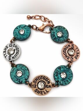 NWT Shotgun Bullet Shell Copper Patina Gold Chain Bracelet Rhinestone Accents